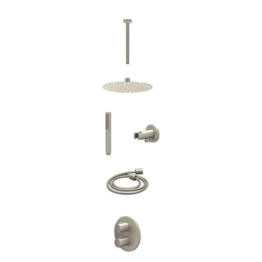 IVY Excl. inbouwbox regendoucheset inbouwthermostaatkraan met 2-weg stop-omstel, plafondbuis 30cm, R25cmSL, houder met uitlaat, doucheslang 150cm en staafmodel – Gebr. nickel PVD