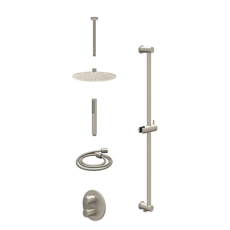 IVY Excl. inbouwbox regendoucheset inbouwthermostaatkraan met 2-weg stop-omstel, plafondbuis 30cm, R25cmSL, glijstang met uitlaat, doucheslang 150cm en staafmodel – Gebr. nickel PV