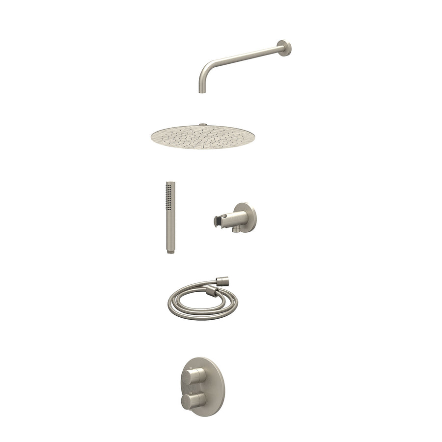 IVY Excl. inbouwbox regendoucheset inbouwthermostaatkraan met 2-weg stop-omstel, wandarm, R30cmSL, houder met uitlaat, doucheslang 150cm en staafmodel – Gebr. nickel PVD