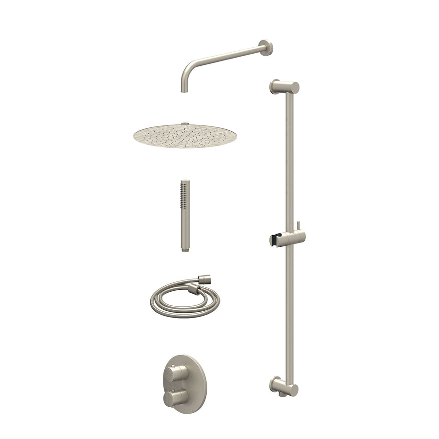 IVY Excl. inbouwbox regendoucheset inbouwthermostaatkraan met 2-weg stop-omstel, wandarm, R30cmSL, glijstang met uitlaat, doucheslang 150cm en staafmodel – Gebr. nickel PVD
