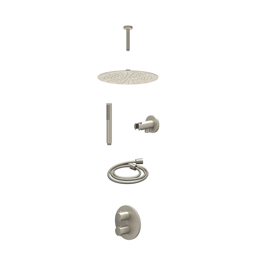 IVY Excl. inbouwbox regendoucheset inbouwthermostaatkraan met 2-weg stop-omstel, plafondbuis 15cm, R30cmSL, houder met uitlaat, doucheslang 150cm en staafmodel – Gebr. nickel PVD