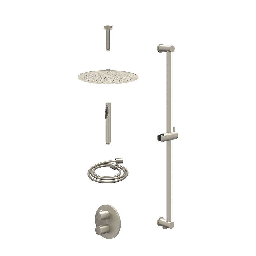 IVY Excl. inbouwbox regendoucheset inbouwthermostaatkraan met 2-weg stop-omstel, plafondbuis 15cm, R30cmSL, glijstang met uitlaat, doucheslang 150cm en staafmodel – Gebr. nickel PV