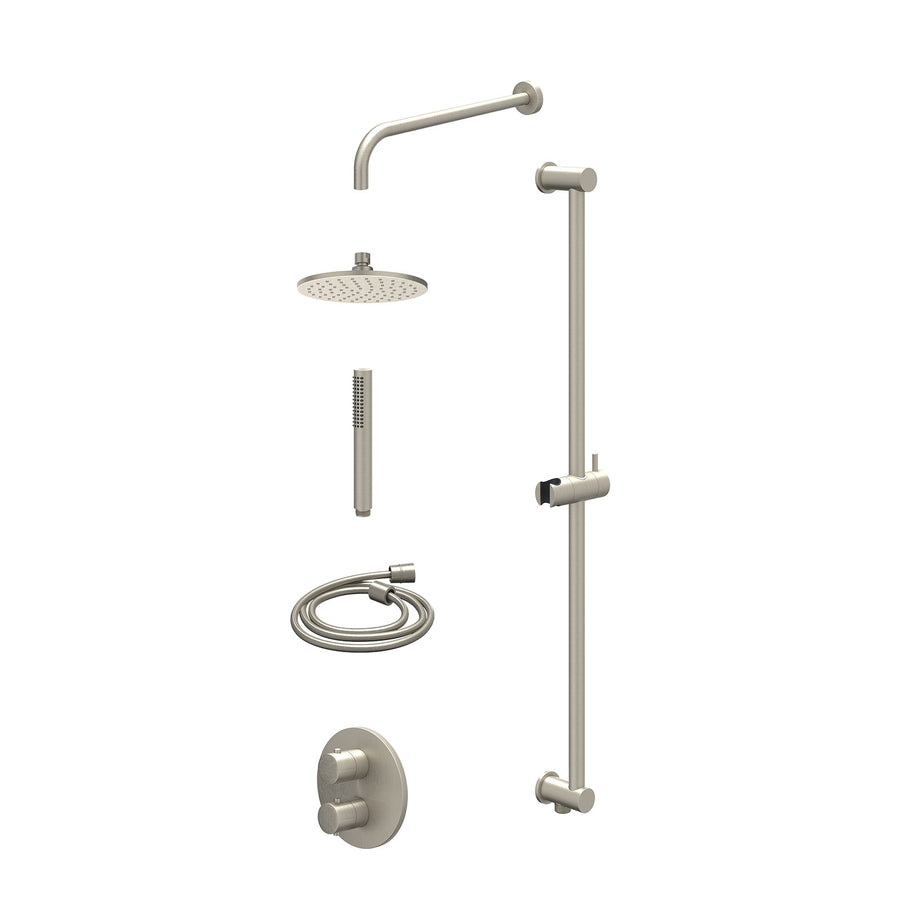 IVY Excl. inbouwbox regendoucheset inbouwthermostaatkraan met 2-weg stop-omstel, wandarm, R20cmME, glijstang met uitlaat, doucheslang 150cm en staafmodel – Gebr. nickel PVD