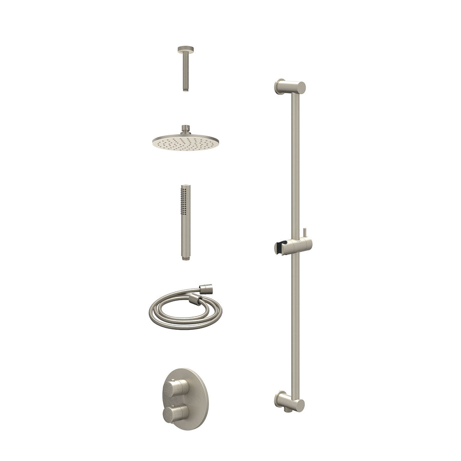 IVY Excl. inbouwbox regendoucheset inbouwthermostaatkraan met 2-weg stop-omstel, plafondbuis 15cm, R20cmME, glijstang met uitlaat, doucheslang 150cm en staafmodel – Gebr. nickel PV