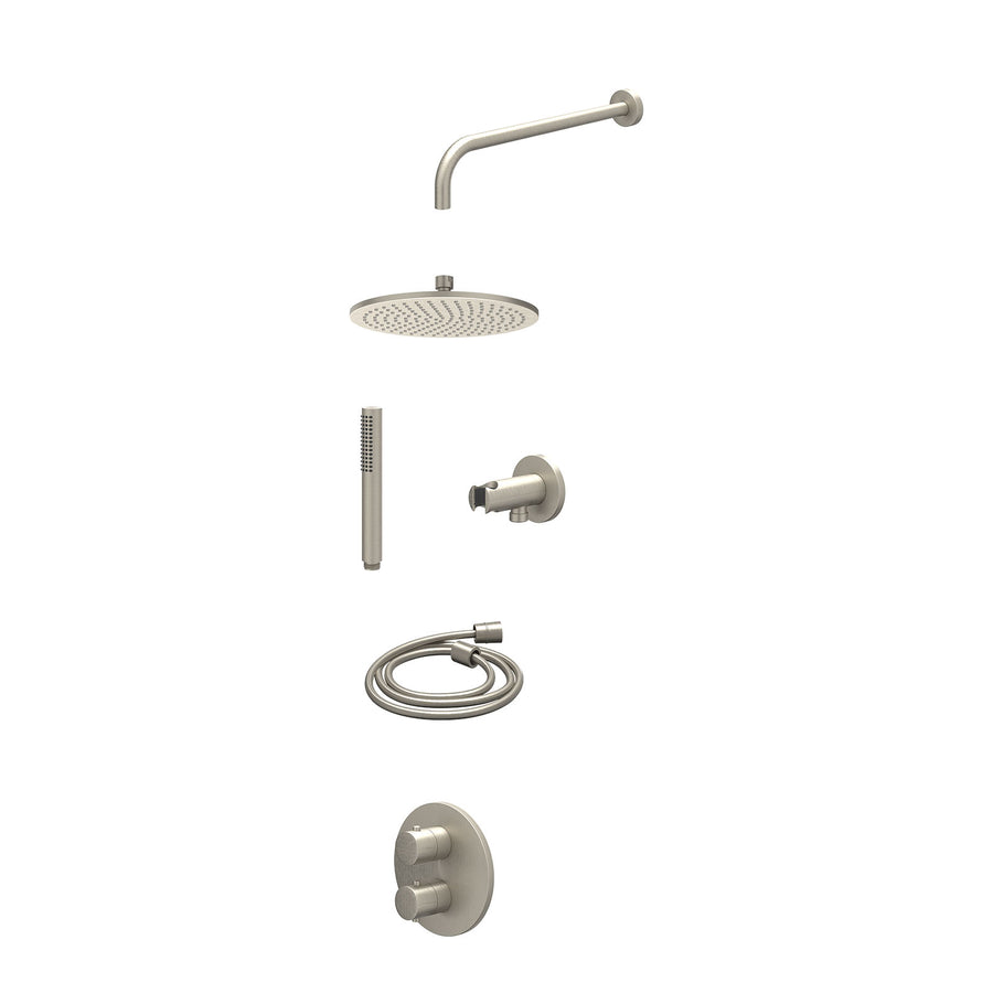 IVY Excl. inbouwbox regendoucheset inbouwthermostaatkraan met 2-weg stop-omstel, wandarm, R25cmME, houder met uitlaat, doucheslang 150cm en staafmodel – Gebr. nickel PVD