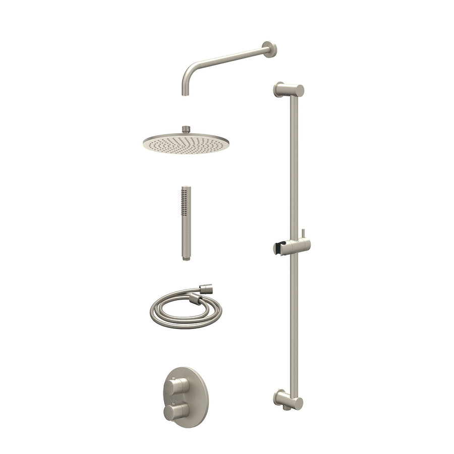 IVY Excl. inbouwbox regendoucheset inbouwthermostaatkraan met 2-weg stop-omstel, wandarm, R25cmME, glijstang met uitlaat, doucheslang 150cm en staafmodel – Gebr. nickel PVD
