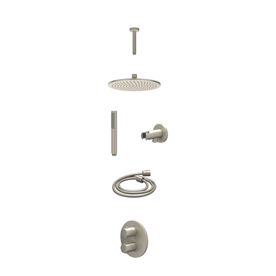 IVY Excl. inbouwbox regendoucheset inbouwthermostaatkraan met 2-weg stop-omstel, plafondbuis 15cm, R25cmME, houder met uitlaat, doucheslang 150cm en staafmodel – Gebr. nickel PVD