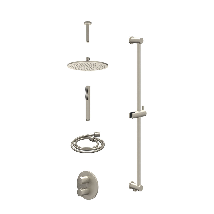 IVY Excl. inbouwbox regendoucheset inbouwthermostaatkraan met 2-weg stop-omstel, plafondbuis 15cm, R25cmME, glijstang met uitlaat, doucheslang 150cm en staafmodel – Gebr. nickel PV