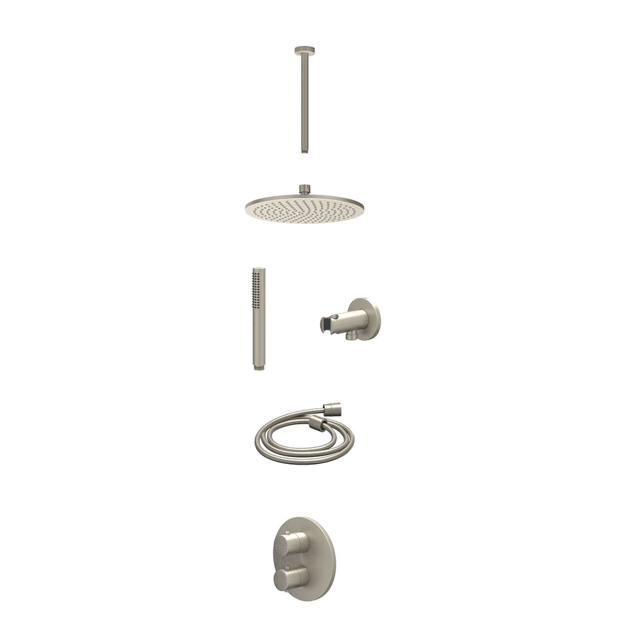 IVY Excl. inbouwbox regendoucheset inbouwthermostaatkraan met 2-weg stop-omstel, plafondbuis 30cm, R25cmME, houder met uitlaat, doucheslang 150cm en staafmodel – Gebr. nickel PVD