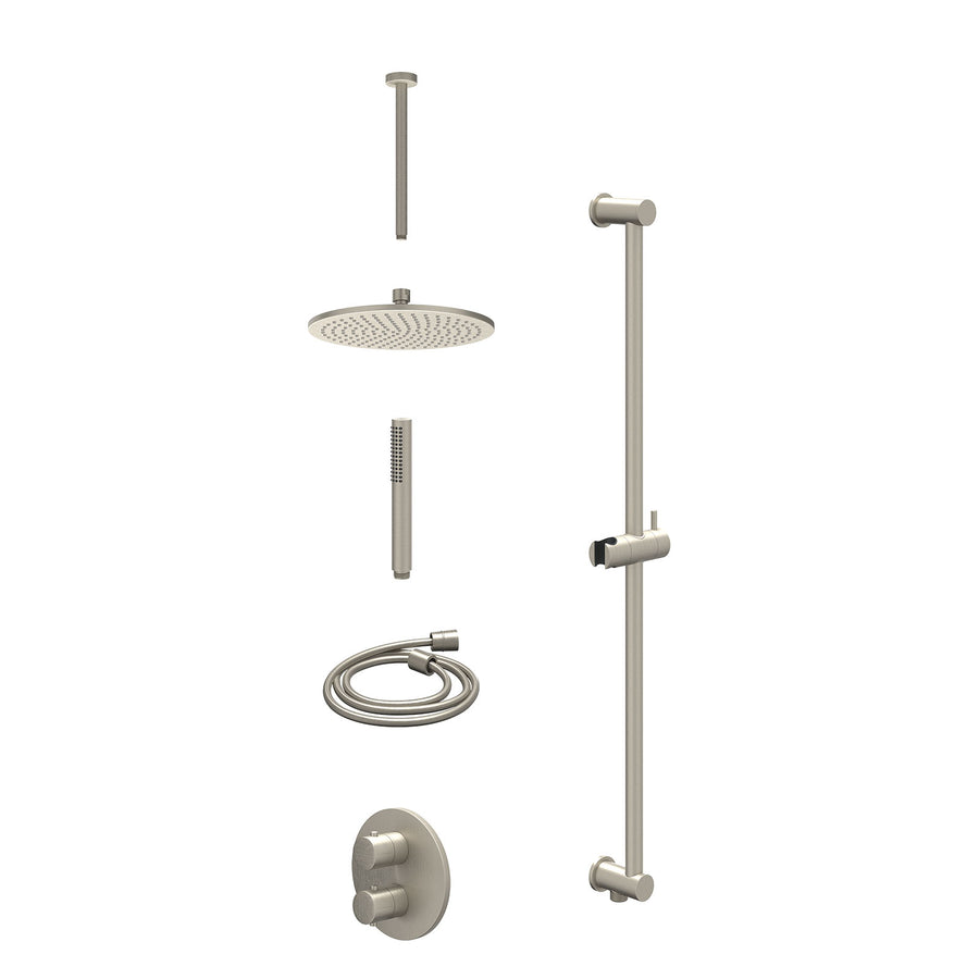 IVY Excl. inbouwbox regendoucheset inbouwthermostaatkraan met 2-weg stop-omstel, plafondbuis 30cm, R25cmME, glijstang met uitlaat, doucheslang 150cm en staafmodel – Gebr. nickel PV