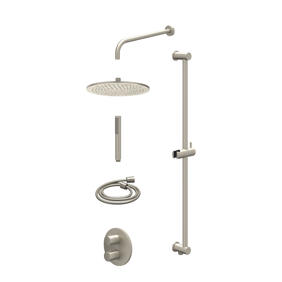 IVY Excl. inbouwbox regendoucheset inbouwthermostaatkraan met 2-weg stop-omstel, wandarm, R30cmME, glijstang met uitlaat, doucheslang 150cm en staafmodel – Gebr. nickel PVD