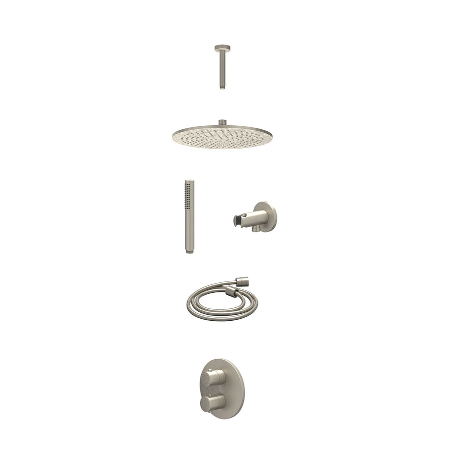 IVY Excl. inbouwbox regendoucheset inbouwthermostaatkraan met 2-weg stop-omstel, plafondbuis 15cm, R30cmME, houder met uitlaat, doucheslang 150cm en staafmodel – Gebr. nickel PVD
