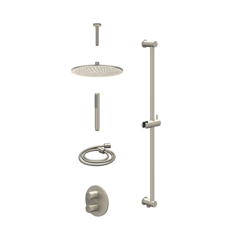 IVY Excl. inbouwbox regendoucheset inbouwthermostaatkraan met 2-weg stop-omstel, plafondbuis 15cm, R30cmME, glijstang met uitlaat, doucheslang 150cm en staafmodel – Gebr. nickel PV