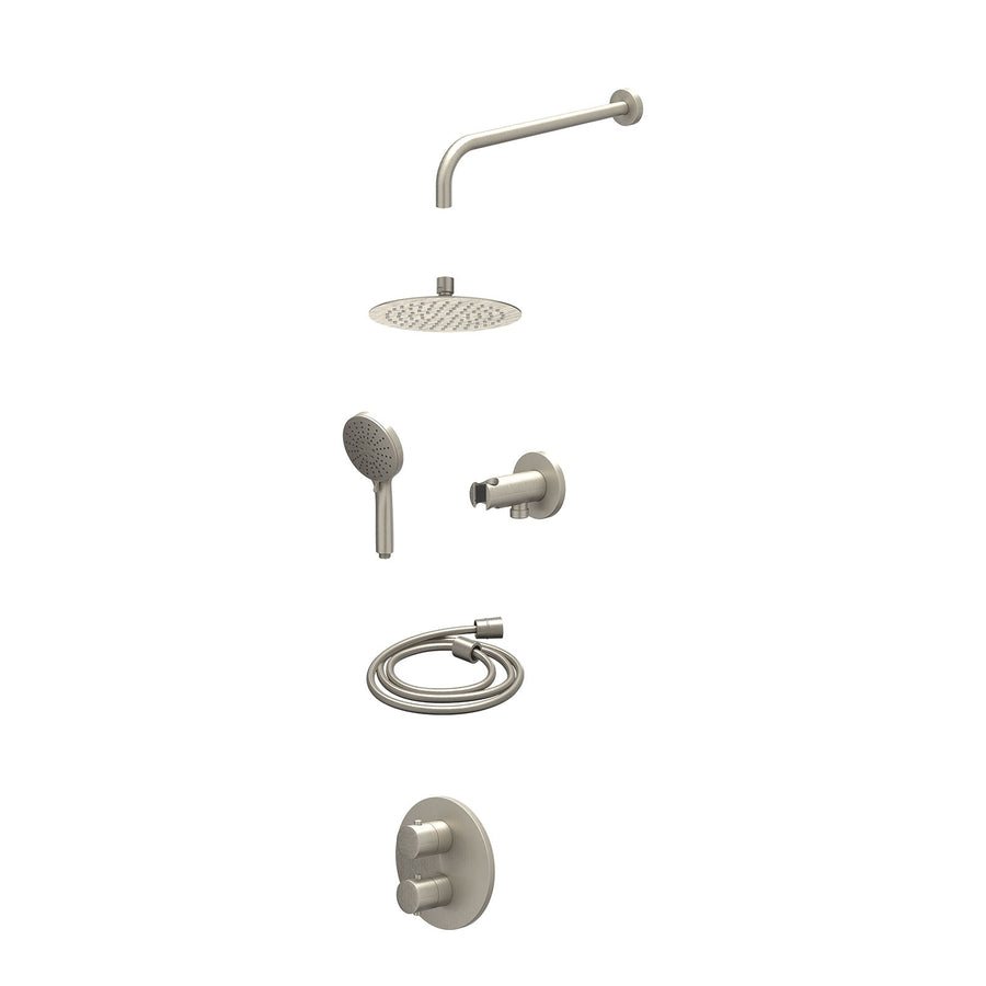 IVY Excl. inbouwbox regendoucheset inbouwthermostaatkraan met 2-weg stop-omstel, wandarm, R20cmSL, houder met uitlaat, doucheslang 150cm en 3-standen handdouche – Gebr. nickel PVD