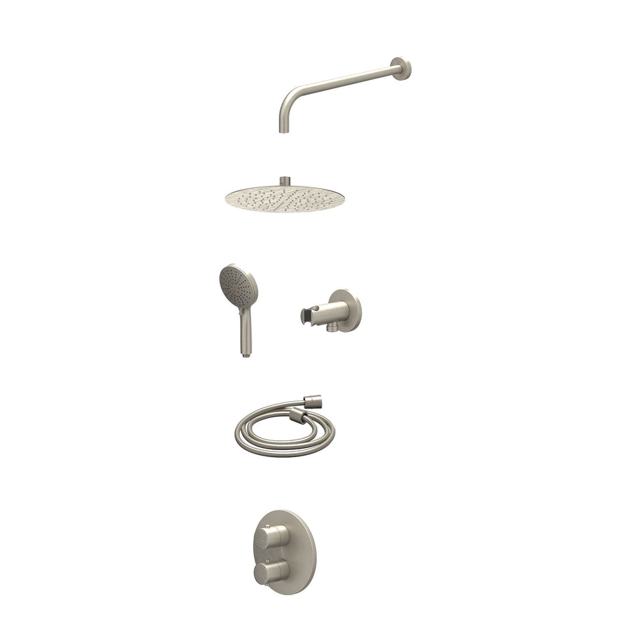 IVY Excl. inbouwbox regendoucheset inbouwthermostaatkraan met 2-weg stop-omstel, wandarm, R25cmSL, houder met uitlaat, doucheslang 150cm en 3-standen handdouche – Gebr. nickel PVD