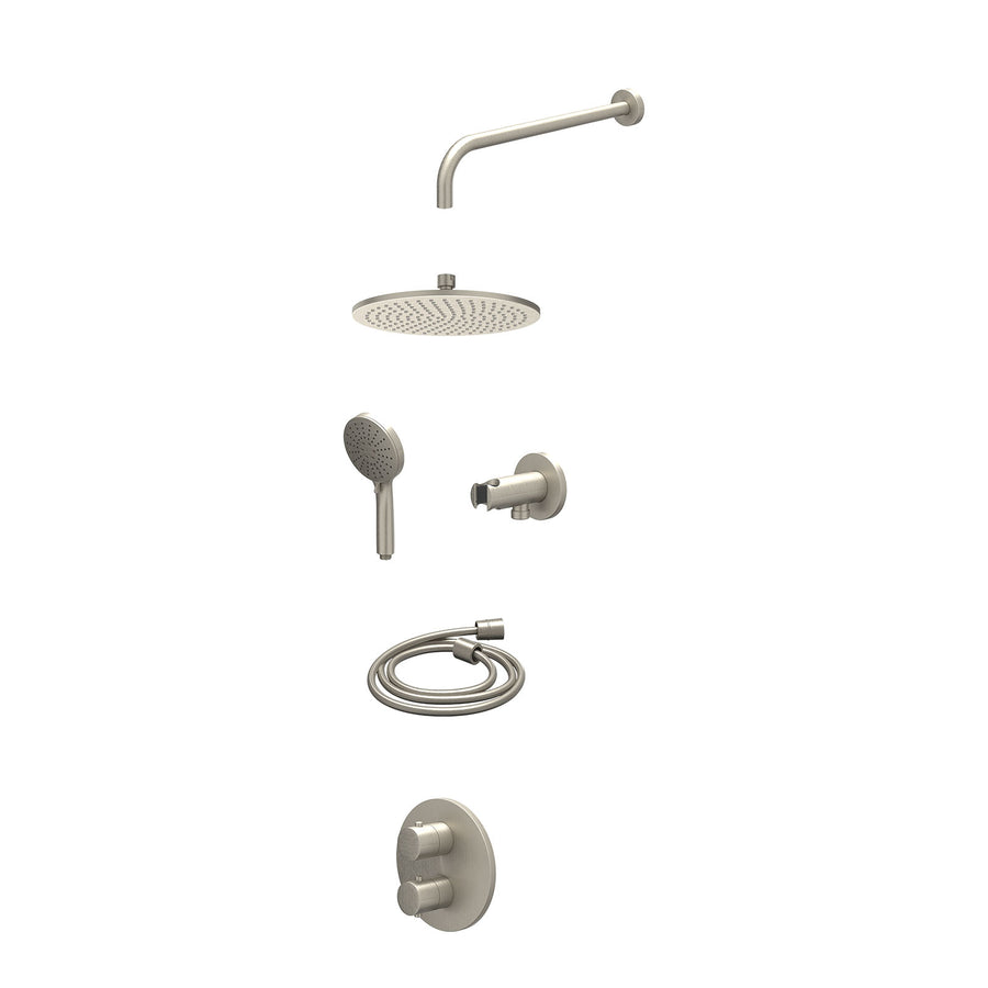 IVY Excl. inbouwbox regendoucheset inbouwthermostaatkraan met 2-weg stop-omstel, wandarm, R25cmME, houder met uitlaat, doucheslang 150cm en 3-standen handdouche – Gebr. nickel PVD
