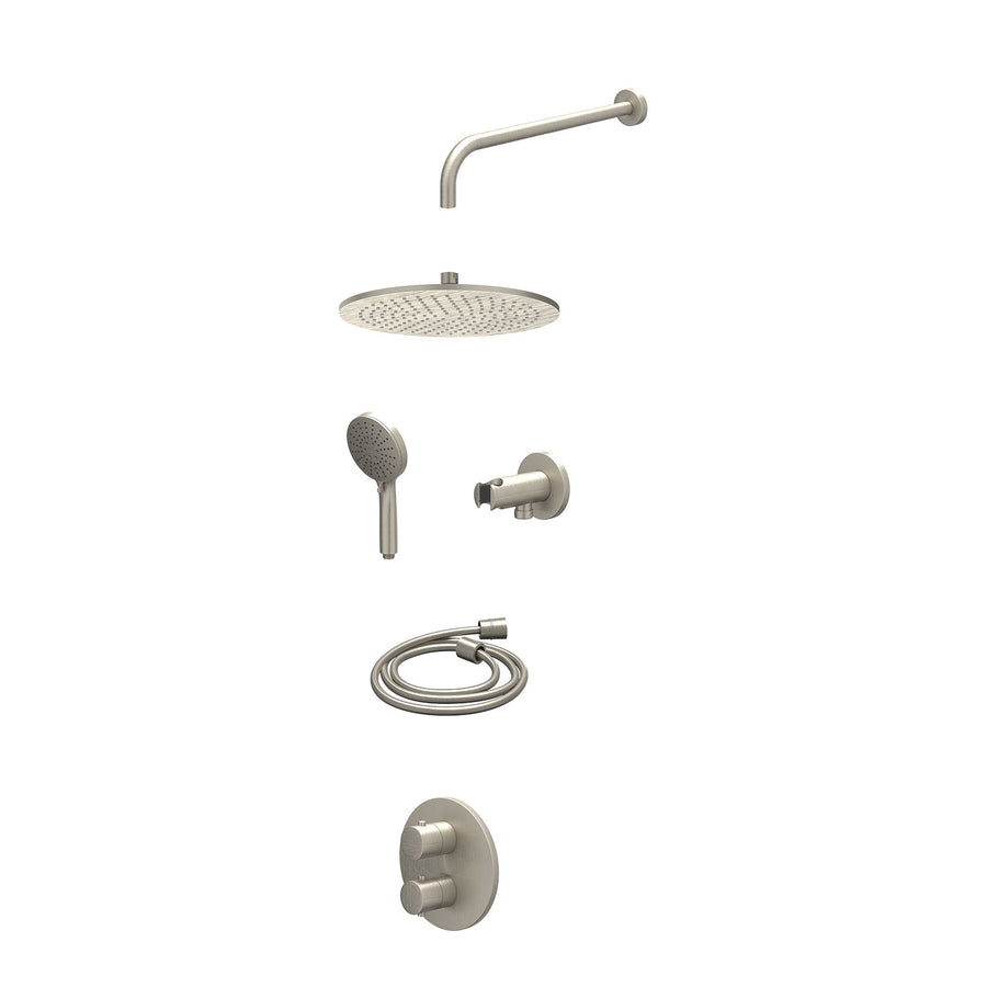 IVY Excl. inbouwbox regendoucheset inbouwthermostaatkraan met 2-weg stop-omstel, wandarm, R30cmME, houder met uitlaat, doucheslang 150cm en 3-standen handdouche – Gebr. nickel PVD