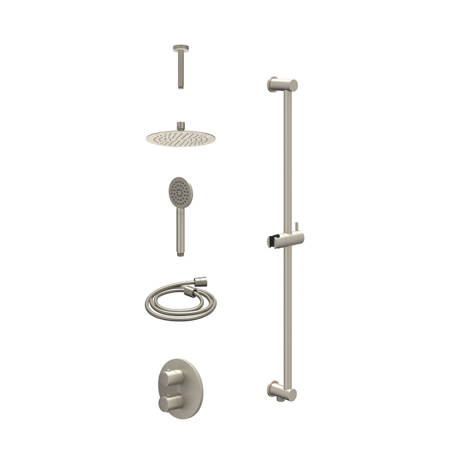 IVY Excl. inbouwbox regendoucheset inbouwthermostaatkraan met 2-weg stop-omstel, plafondbuis 15cm, R20cmSL, glijstang met uitlaat, doucheslang 150cm en satin spray handdouche – Geb