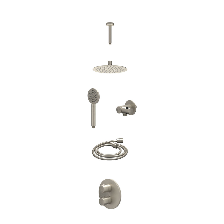 IVY Excl. inbouwbox regendoucheset inbouwthermostaatkraan met 2-weg stop-omstel, plafondbuis 15cm, R20cmSL, verstelbare steun met geïnt. uitlaat, doucheslang 150cm en satin spray h