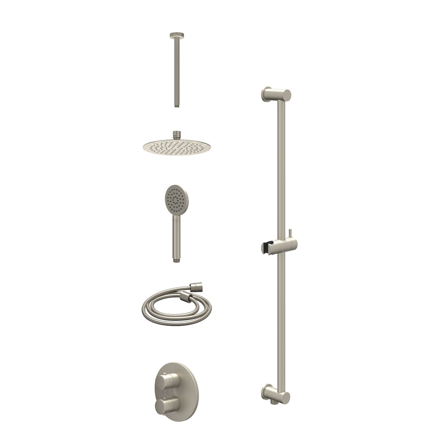 IVY Excl. inbouwbox regendoucheset inbouwthermostaatkraan met 2-weg stop-omstel, plafondbuis 30cm, R20cmSL, glijstang met uitlaat, doucheslang 150cm en satin spray handdouche – Geb