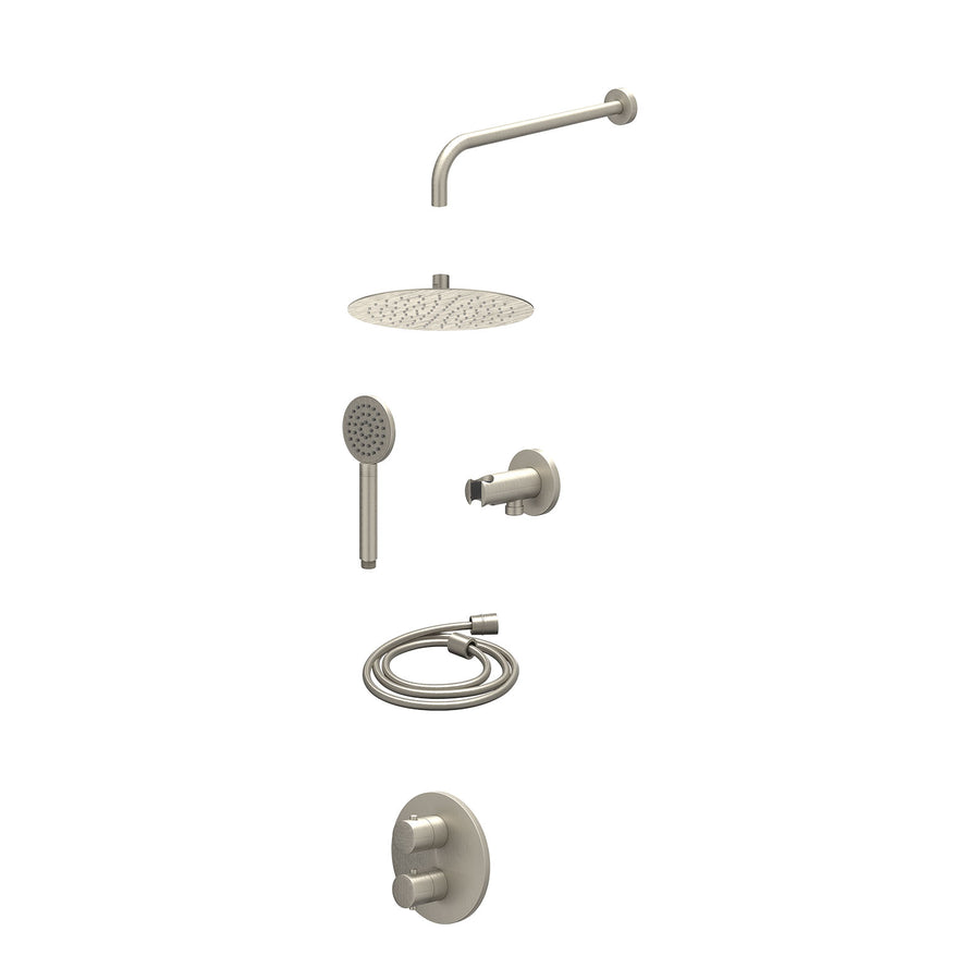 IVY Excl. inbouwbox regendoucheset inbouwthermostaatkraan met 2-weg stop-omstel, wandarm, R25cmSL, houder met uitlaat, doucheslang 150cm en satin spray handdouche – Gebr. nickel PV