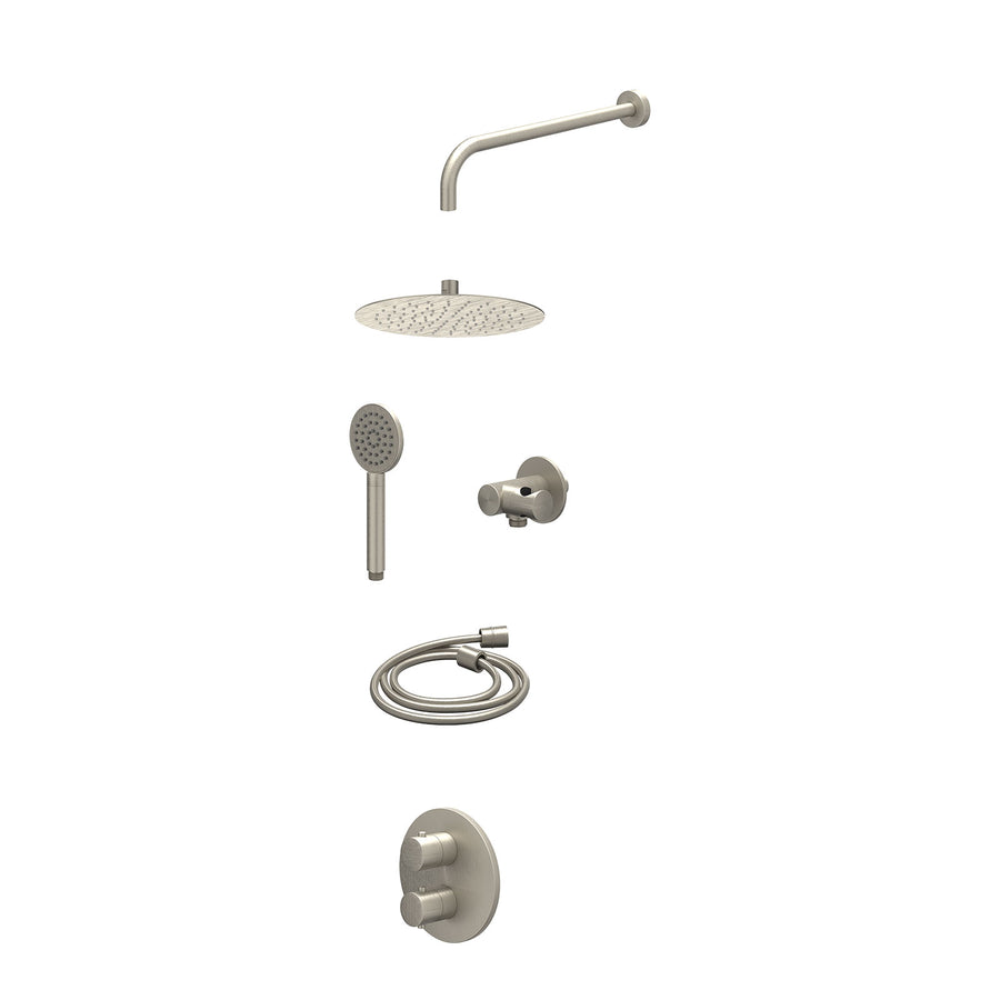 IVY Excl. inbouwbox regendoucheset inbouwthermostaatkraan met 2-weg stop-omstel, wandarm, R25cmSL, verstelbare steun met geïnt. uitlaat, doucheslang 150cm en satin spray handdouche