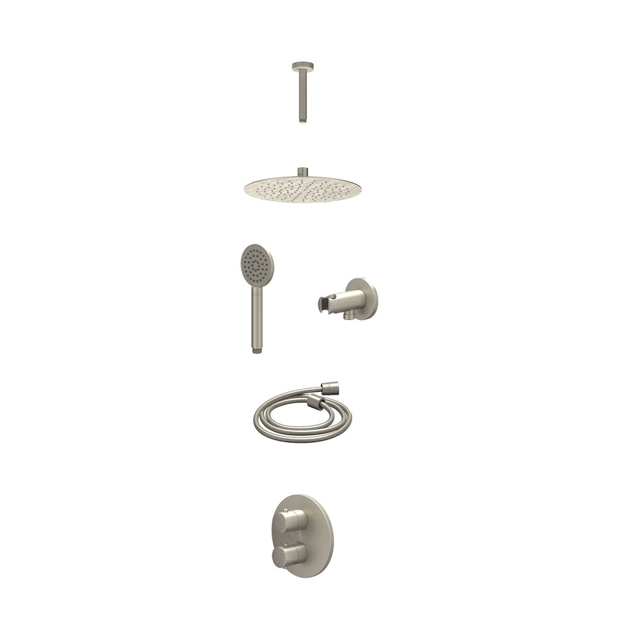 IVY Excl. inbouwbox regendoucheset inbouwthermostaatkraan met 2-weg stop-omstel, plafondbuis 15cm, R25cmSL, houder met uitlaat, doucheslang 150cm en satin spray handdouche – Gebr. 