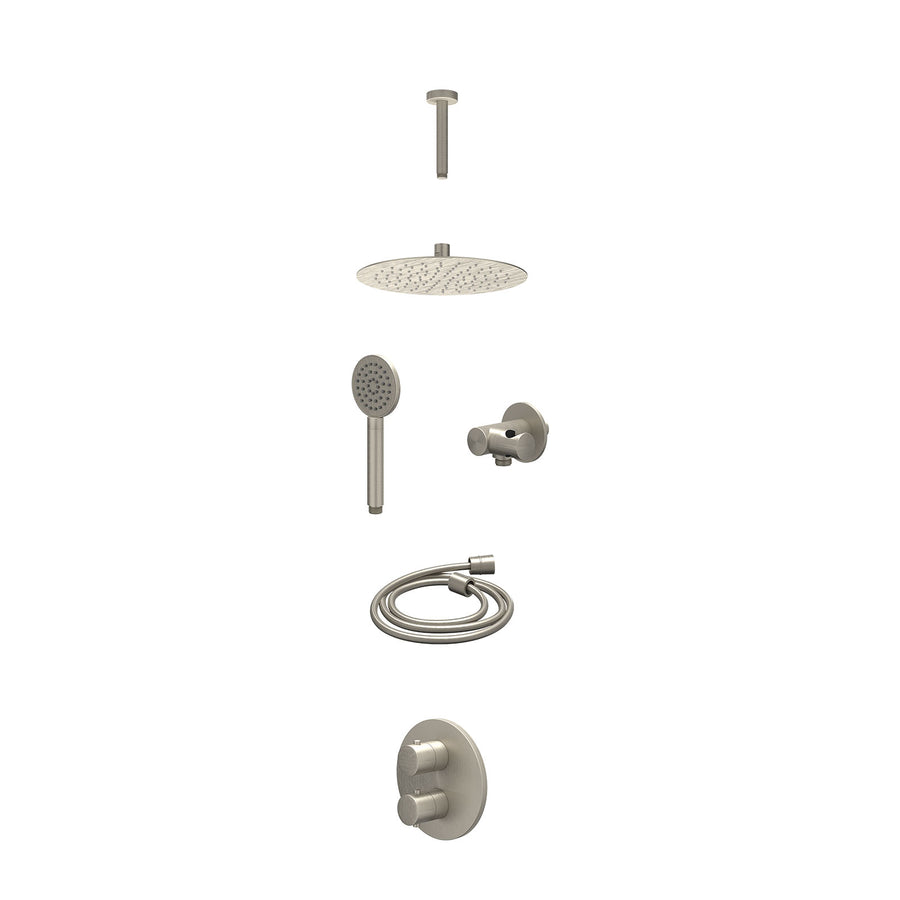IVY Excl. inbouwbox regendoucheset inbouwthermostaatkraan met 2-weg stop-omstel, plafondbuis 15cm, R25cmSL, verstelbare steun met geïnt. uitlaat, doucheslang 150cm en satin spray h