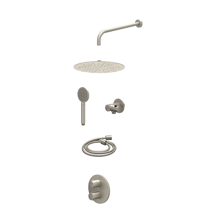 IVY Excl. inbouwbox regendoucheset inbouwthermostaatkraan met 2-weg stop-omstel, wandarm, R30cmSL, verstelbare steun met geïnt. uitlaat, doucheslang 150cm en satin spray handdouche
