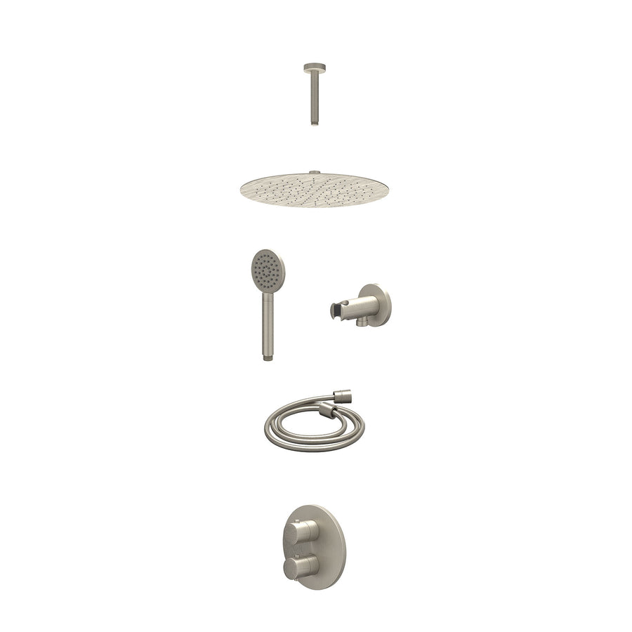 IVY Excl. inbouwbox regendoucheset inbouwthermostaatkraan met 2-weg stop-omstel, plafondbuis 15cm, R30cmSL, houder met uitlaat, doucheslang 150cm en satin spray handdouche – Gebr. 