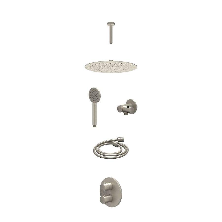 IVY Excl. inbouwbox regendoucheset inbouwthermostaatkraan met 2-weg stop-omstel, plafondbuis 15cm, R30cmSL, verstelbare steun met geïnt. uitlaat, doucheslang 150cm en satin spray h