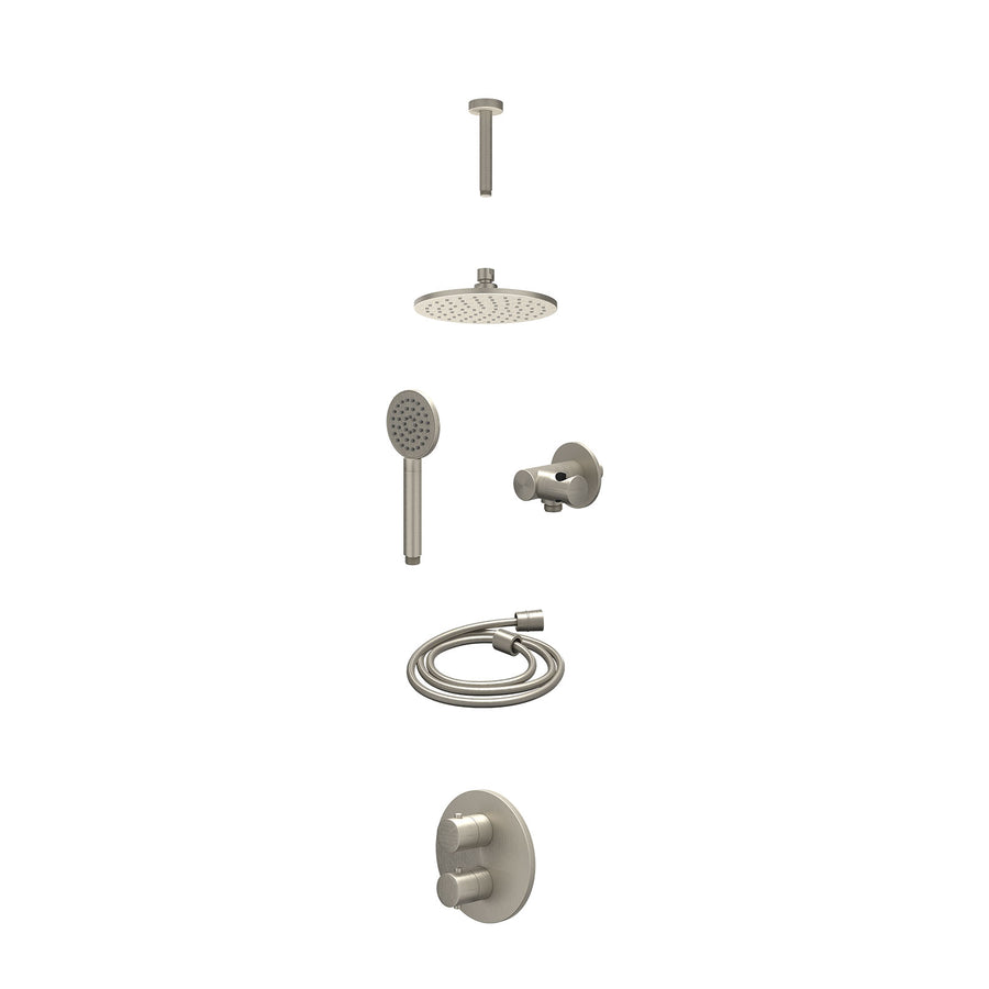 IVY Excl. inbouwbox regendoucheset inbouwthermostaatkraan met 2-weg stop-omstel, plafondbuis 15cm, R20cmME, verstelbare steun met geïnt. uitlaat, doucheslang 150cm en satin spray h