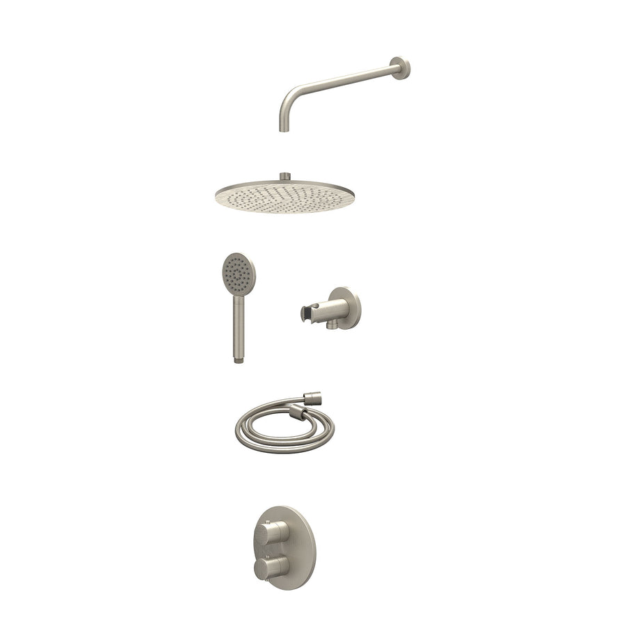 IVY Excl. inbouwbox regendoucheset inbouwthermostaatkraan met 2-weg stop-omstel, wandarm, R30cmME, houder met uitlaat, doucheslang 150cm en satin spray handdouche – Gebr. nickel PV