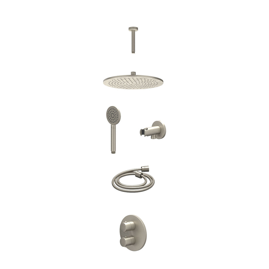 IVY Excl. inbouwbox regendoucheset inbouwthermostaatkraan met 2-weg stop-omstel, plafondbuis 15cm, R30cmME, houder met uitlaat, doucheslang 150cm en satin spray handdouche – Gebr. 