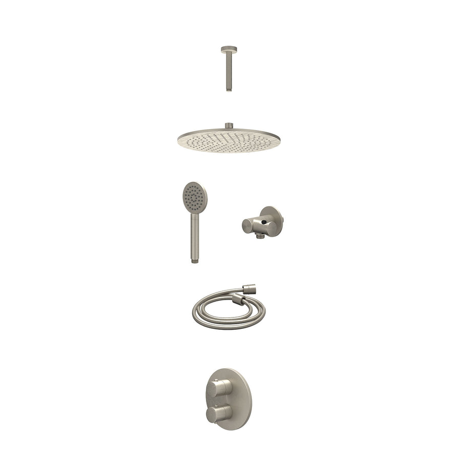 IVY Excl. inbouwbox regendoucheset inbouwthermostaatkraan met 2-weg stop-omstel, plafondbuis 15cm, R30cmME, verstelbare steun met geïnt. uitlaat, doucheslang 150cm en satin spray h