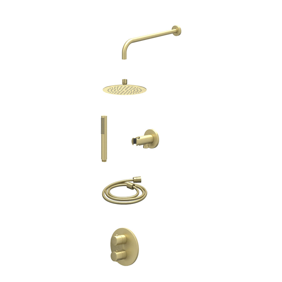 IVY Excl. inbouwbox regendoucheset inbouwthermostaatkraan met 2-weg stop-omstel, wandarm, R20cmSL, houder met uitlaat, doucheslang 150cm en staafmodel – Gebr. mat goud PVD