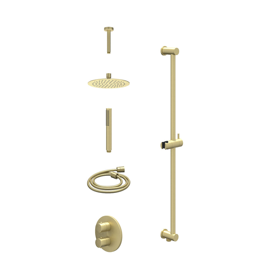 IVY Excl. inbouwbox regendoucheset inbouwthermostaatkraan met 2-weg stop-omstel, plafondbuis 15cm, R20cmSL, glijstang met uitlaat, doucheslang 150cm en staafmodel – Gebr. mat goud 