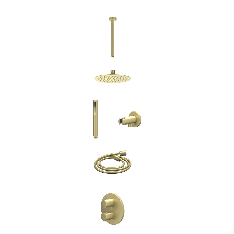 IVY Excl. inbouwbox regendoucheset inbouwthermostaatkraan met 2-weg stop-omstel, plafondbuis 30cm, R20cmSL, houder met uitlaat, doucheslang 150cm en staafmodel – Gebr. mat goud PVD