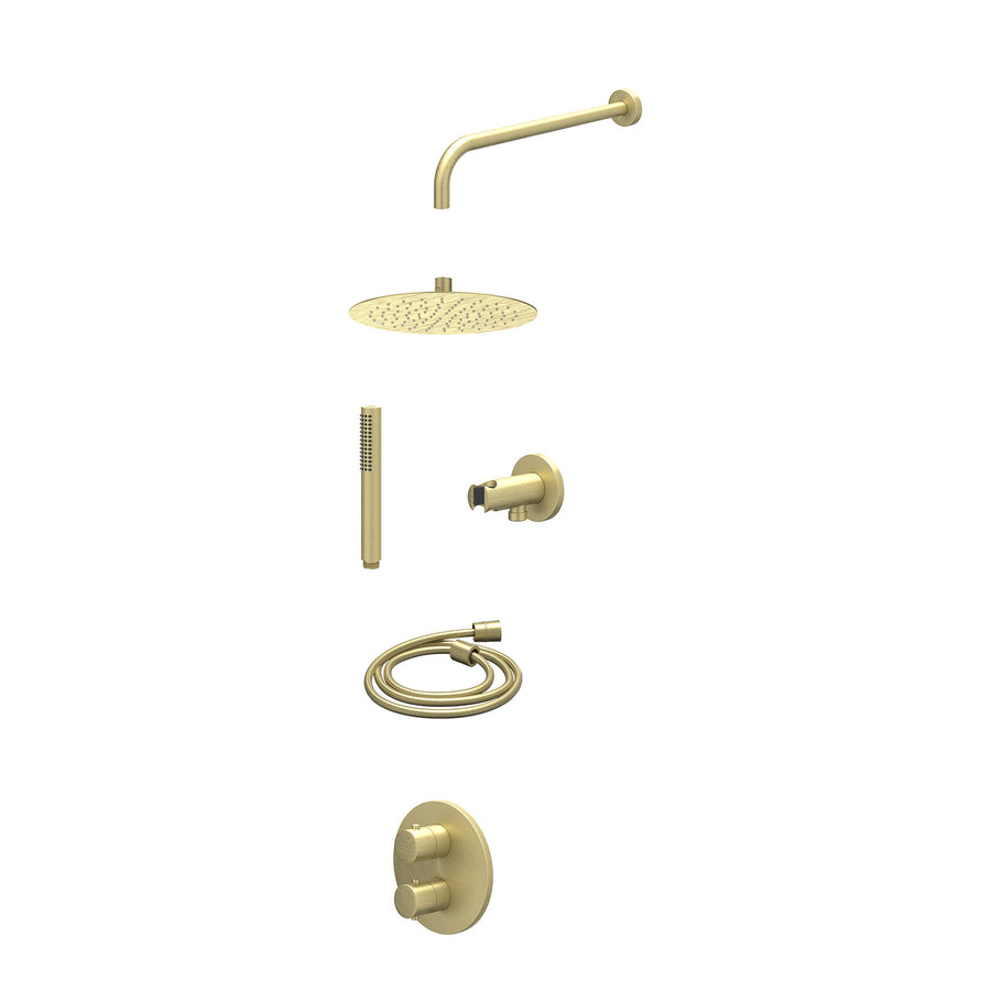 IVY Excl. inbouwbox regendoucheset inbouwthermostaatkraan met 2-weg stop-omstel, wandarm, R25cmSL, houder met uitlaat, doucheslang 150cm en staafmodel – Gebr. mat goud PVD