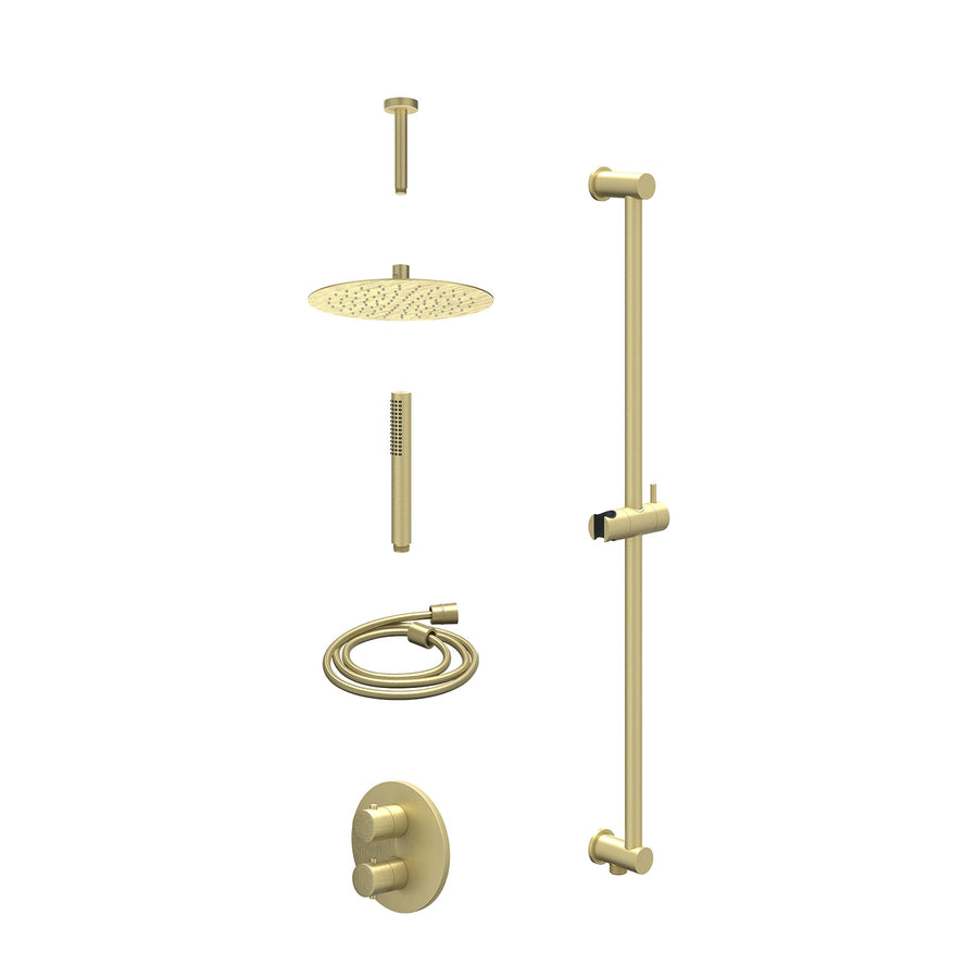IVY Excl. inbouwbox regendoucheset inbouwthermostaatkraan met 2-weg stop-omstel, plafondbuis 15cm, R25cmSL, glijstang met uitlaat, doucheslang 150cm en staafmodel – Gebr. mat goud 
