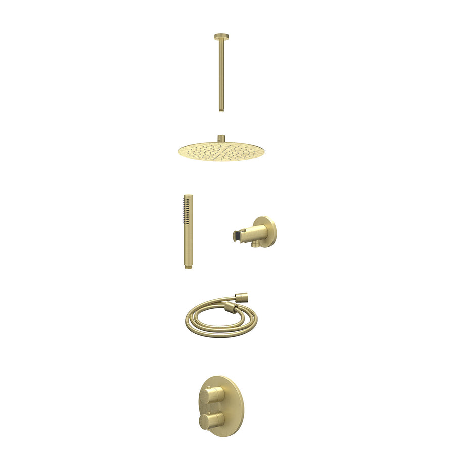 IVY Excl. inbouwbox regendoucheset inbouwthermostaatkraan met 2-weg stop-omstel, plafondbuis 30cm, R25cmSL, houder met uitlaat, doucheslang 150cm en staafmodel – Gebr. mat goud PVD