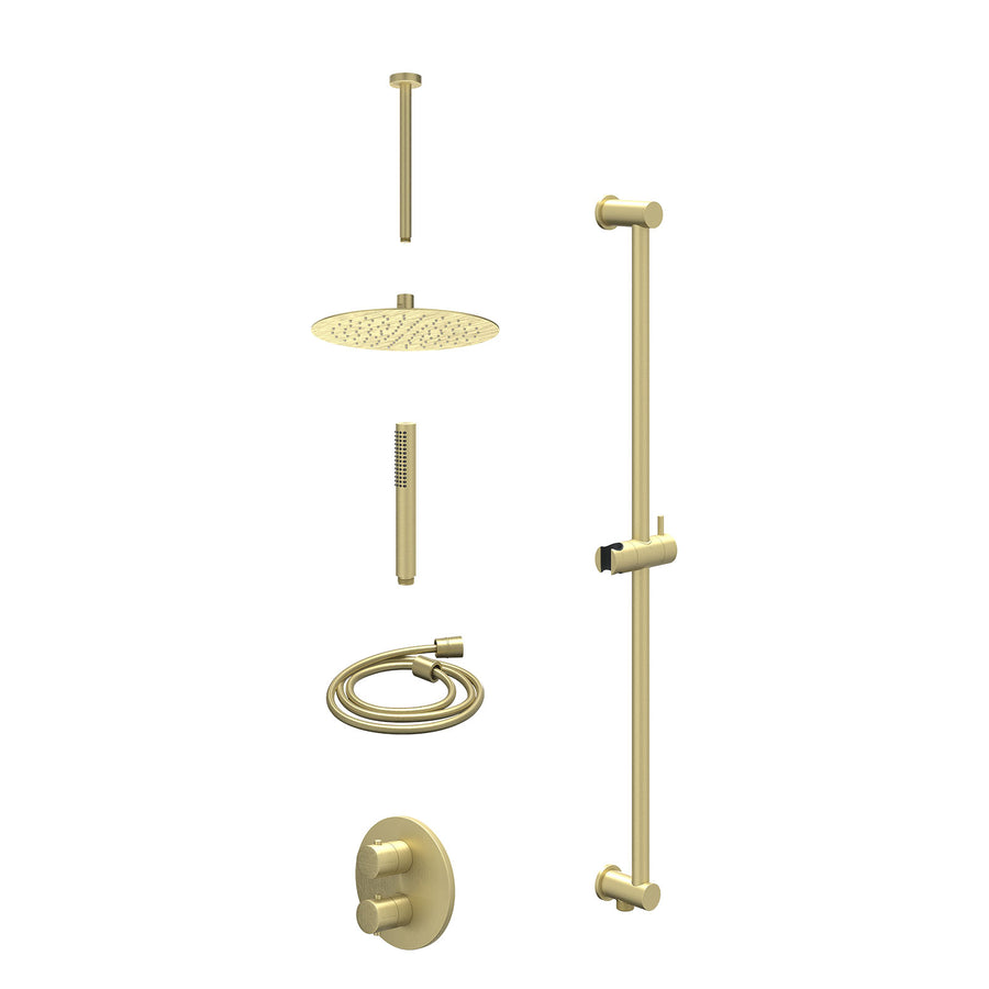 IVY Excl. inbouwbox regendoucheset inbouwthermostaatkraan met 2-weg stop-omstel, plafondbuis 30cm, R25cmSL, glijstang met uitlaat, doucheslang 150cm en staafmodel – Gebr. mat goud 