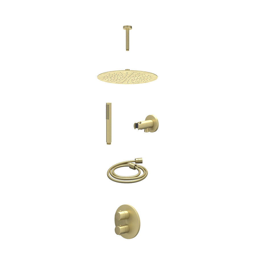 IVY Excl. inbouwbox regendoucheset inbouwthermostaatkraan met 2-weg stop-omstel, plafondbuis 15cm, R30cmSL, houder met uitlaat, doucheslang 150cm en staafmodel – Gebr. mat goud PVD