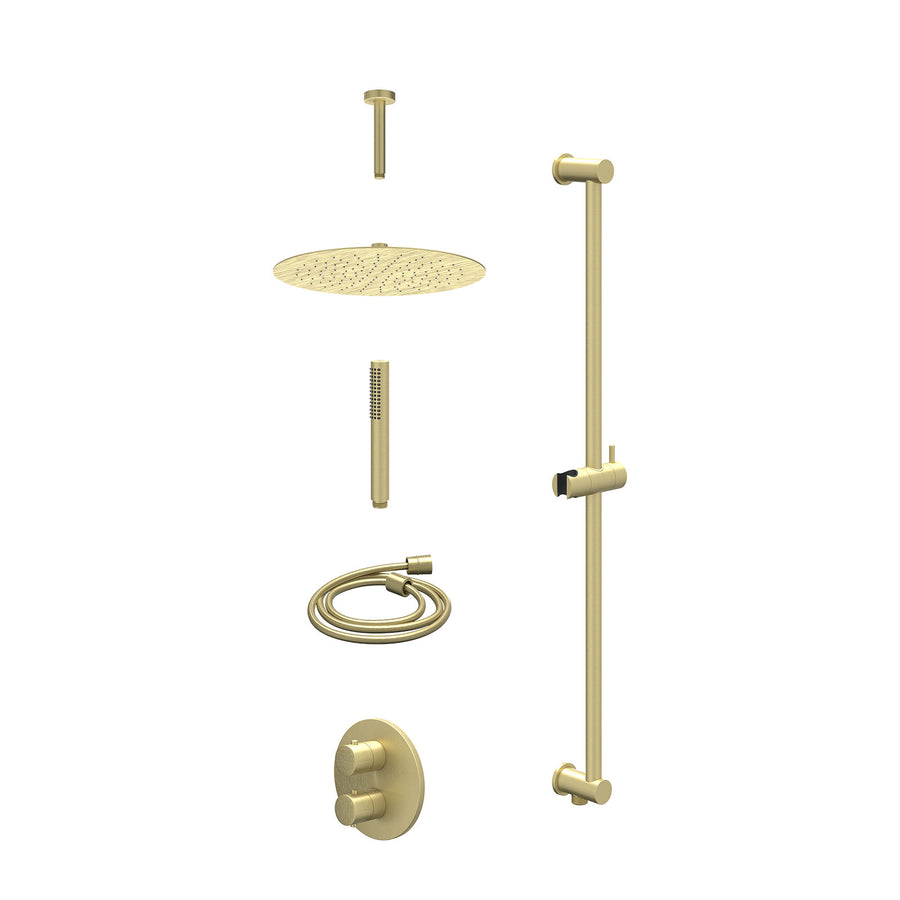IVY Excl. inbouwbox regendoucheset inbouwthermostaatkraan met 2-weg stop-omstel, plafondbuis 15cm, R30cmSL, glijstang met uitlaat, doucheslang 150cm en staafmodel – Gebr. mat goud 