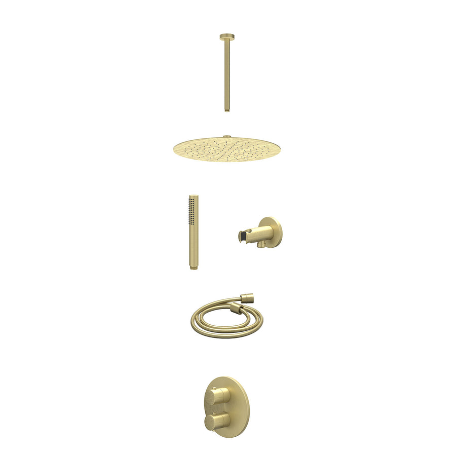 IVY Excl. inbouwbox regendoucheset inbouwthermostaatkraan met 2-weg stop-omstel, plafondbuis 30cm, R30cmSL, houder met uitlaat, doucheslang 150cm en staafmodel – Gebr. mat goud PVD