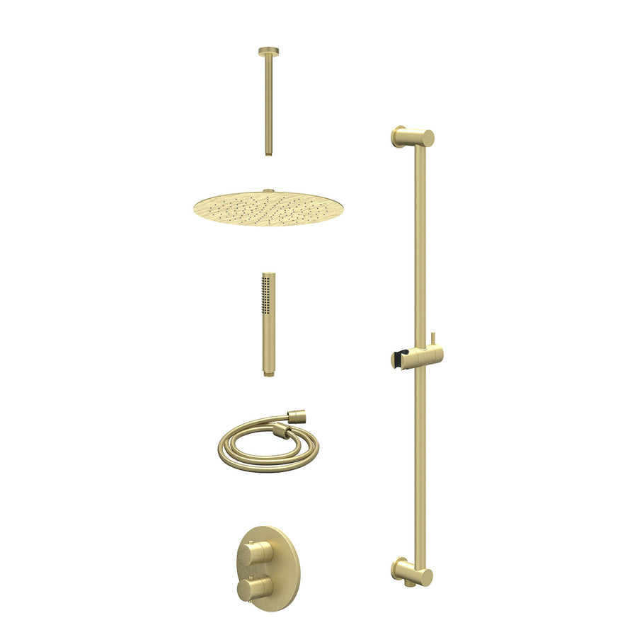 IVY Excl. inbouwbox regendoucheset inbouwthermostaatkraan met 2-weg stop-omstel, plafondbuis 30cm, R30cmSL, glijstang met uitlaat, doucheslang 150cm en staafmodel – Gebr. mat goud 