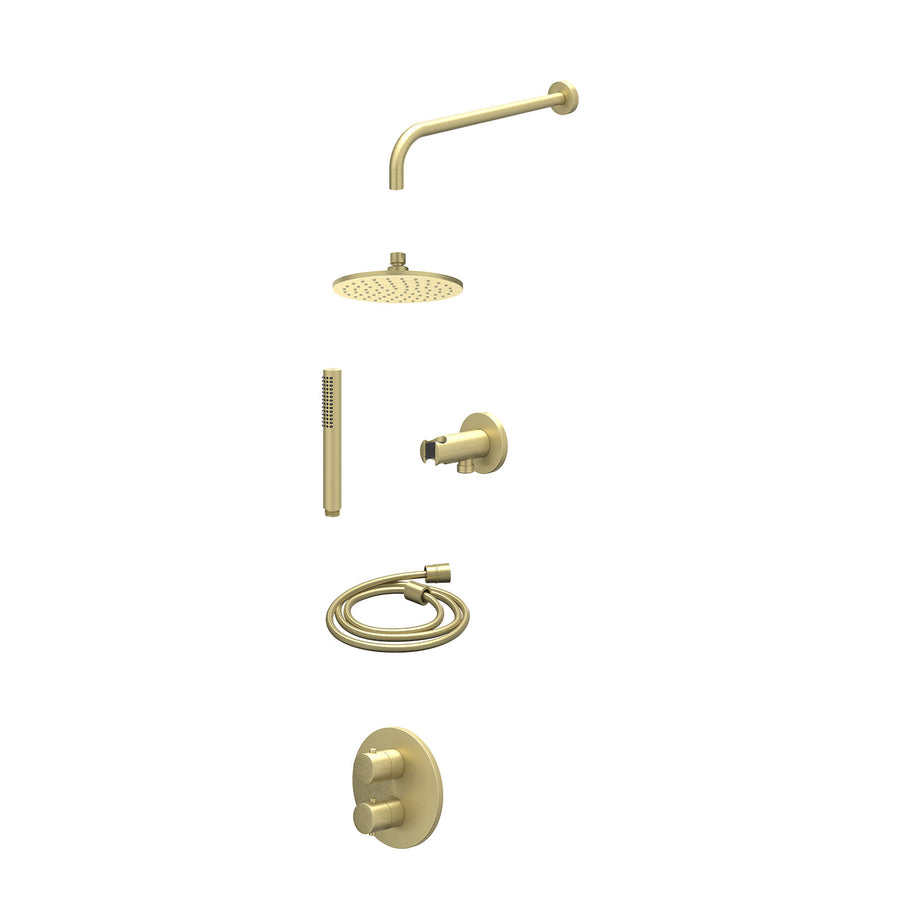 IVY Excl. inbouwbox regendoucheset inbouwthermostaatkraan met 2-weg stop-omstel, wandarm, R20cmME, houder met uitlaat, doucheslang 150cm en staafmodel – Gebr. mat goud PVD