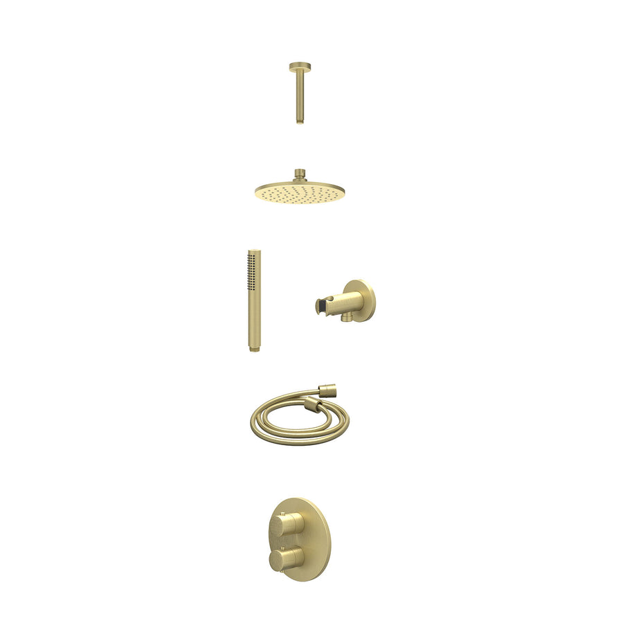 IVY Excl. inbouwbox regendoucheset inbouwthermostaatkraan met 2-weg stop-omstel, plafondbuis 15cm, R20cmME, houder met uitlaat, doucheslang 150cm en staafmodel – Gebr. mat goud PVD