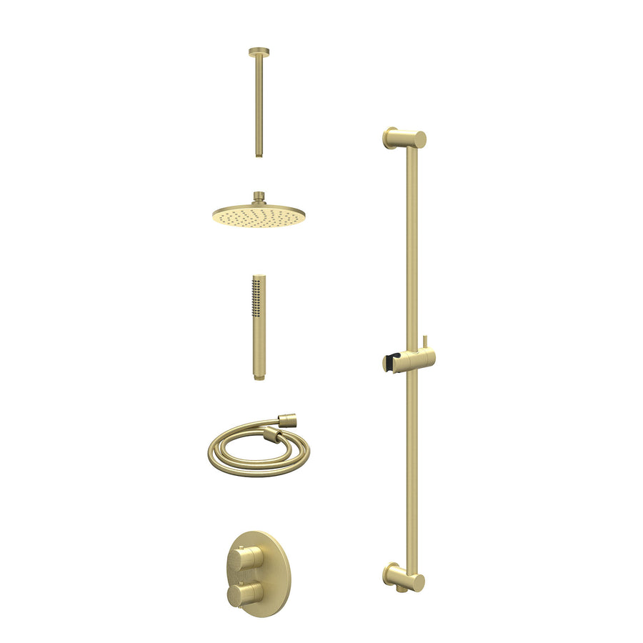 IVY Excl. inbouwbox regendoucheset inbouwthermostaatkraan met 2-weg stop-omstel, plafondbuis 30cm, R20cmME, glijstang met uitlaat, doucheslang 150cm en staafmodel – Gebr. mat goud 