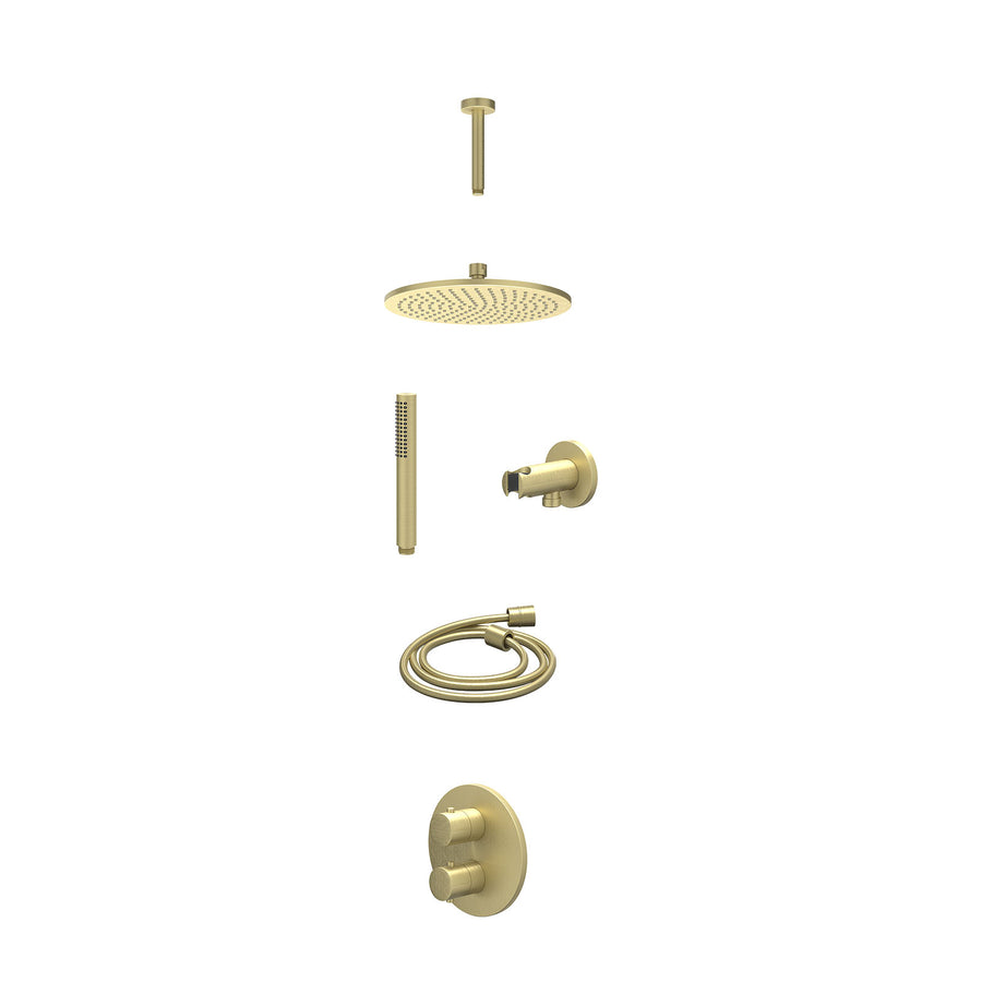 IVY Excl. inbouwbox regendoucheset inbouwthermostaatkraan met 2-weg stop-omstel, plafondbuis 15cm, R25cmME, houder met uitlaat, doucheslang 150cm en staafmodel – Gebr. mat goud PVD